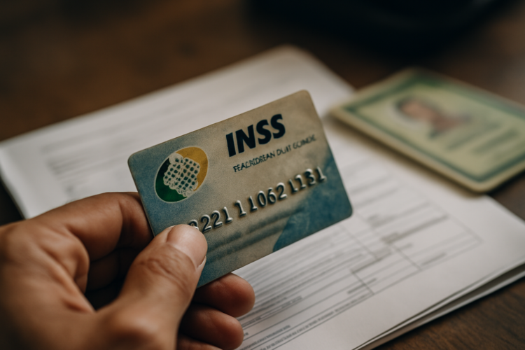 Mão segurando cartão do INSS sobre documentos em uma mesa