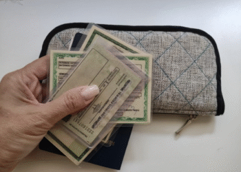 Documentos pessoais como identidade e CNH, com passaporte visíveis.