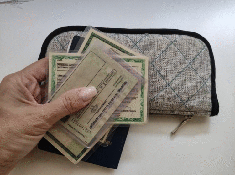 Documentos pessoais como identidade e CNH, com passaporte visíveis.