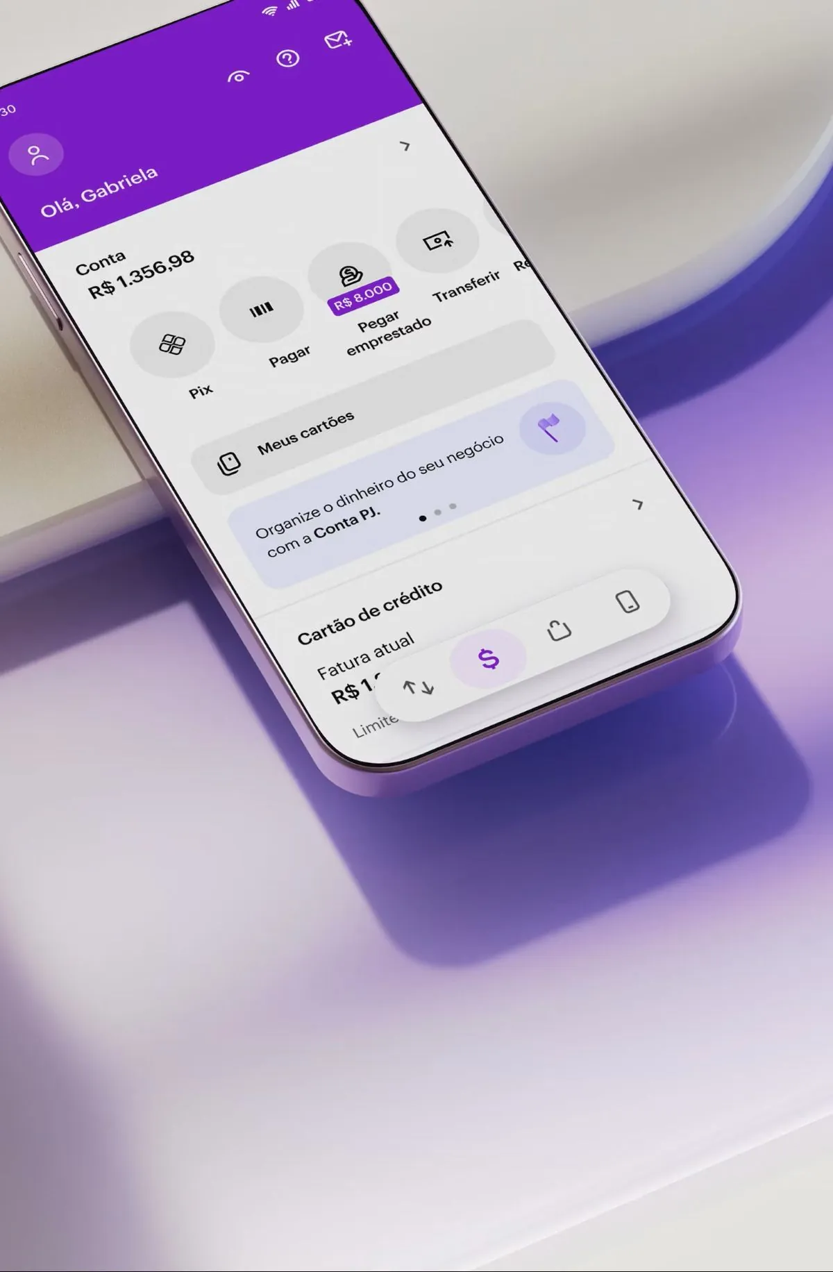 Tela do aplicativo Nubank com a interface mostrando saldo e opções de transações, como parte do lançamento do Nucoin 2.0.