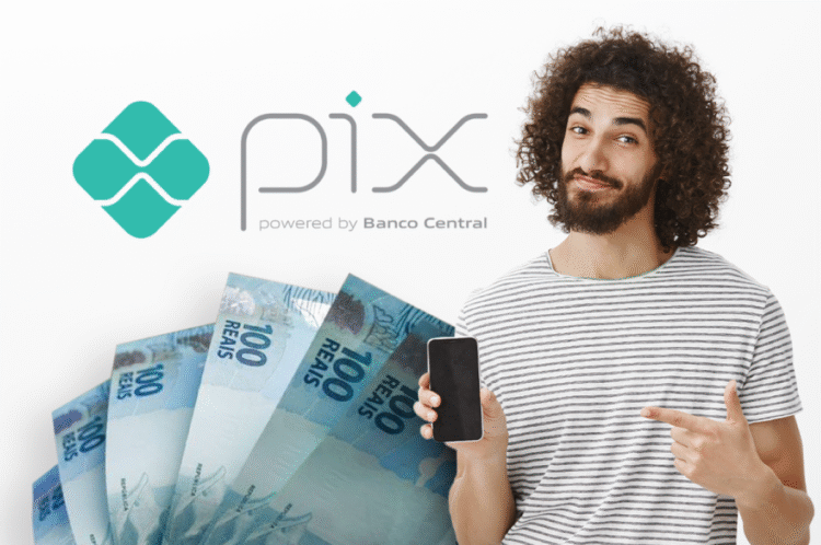 Logo do PIX com cédulas de 100 reais e pessoa segurando celular. Banco Central anuncia novidades para o PIX em setembro.