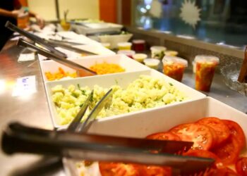 Vista frontal de uma mesa de buffet com várias opções de salada, como tomates fatiados, salada de batata e cenoura ralada, representando a liberdade de escolha do trabalhador ao usar o vale-refeição ou alimentação.