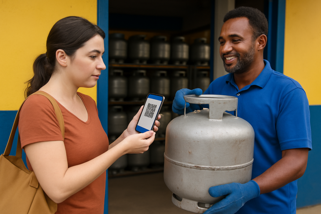 Mulher de camisa laranja escaneando um QR code em seu celular para pagar um botijão de gás de cozinha que está sendo entregue por um homem com luvas azuis e camisa polo azul.