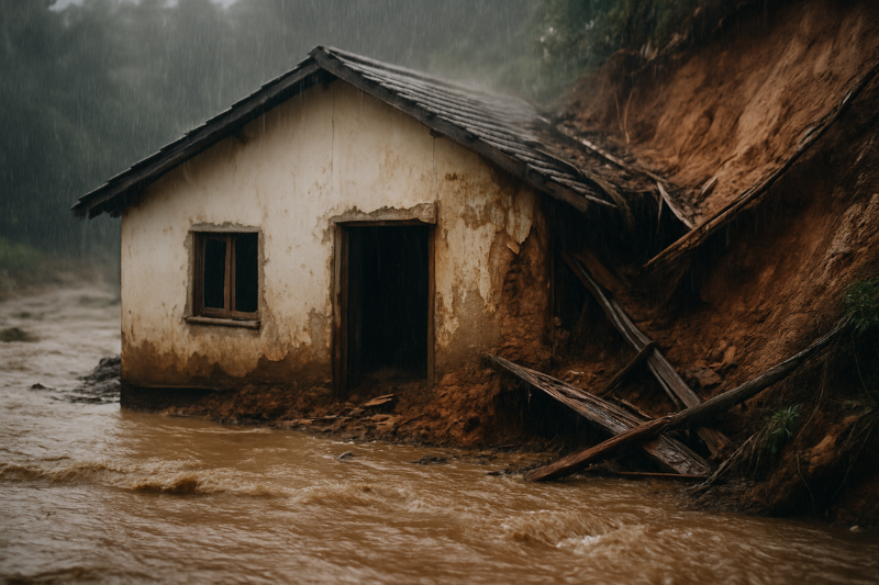 Casa parcialmente submersa por enchente e deslizamento de terra.