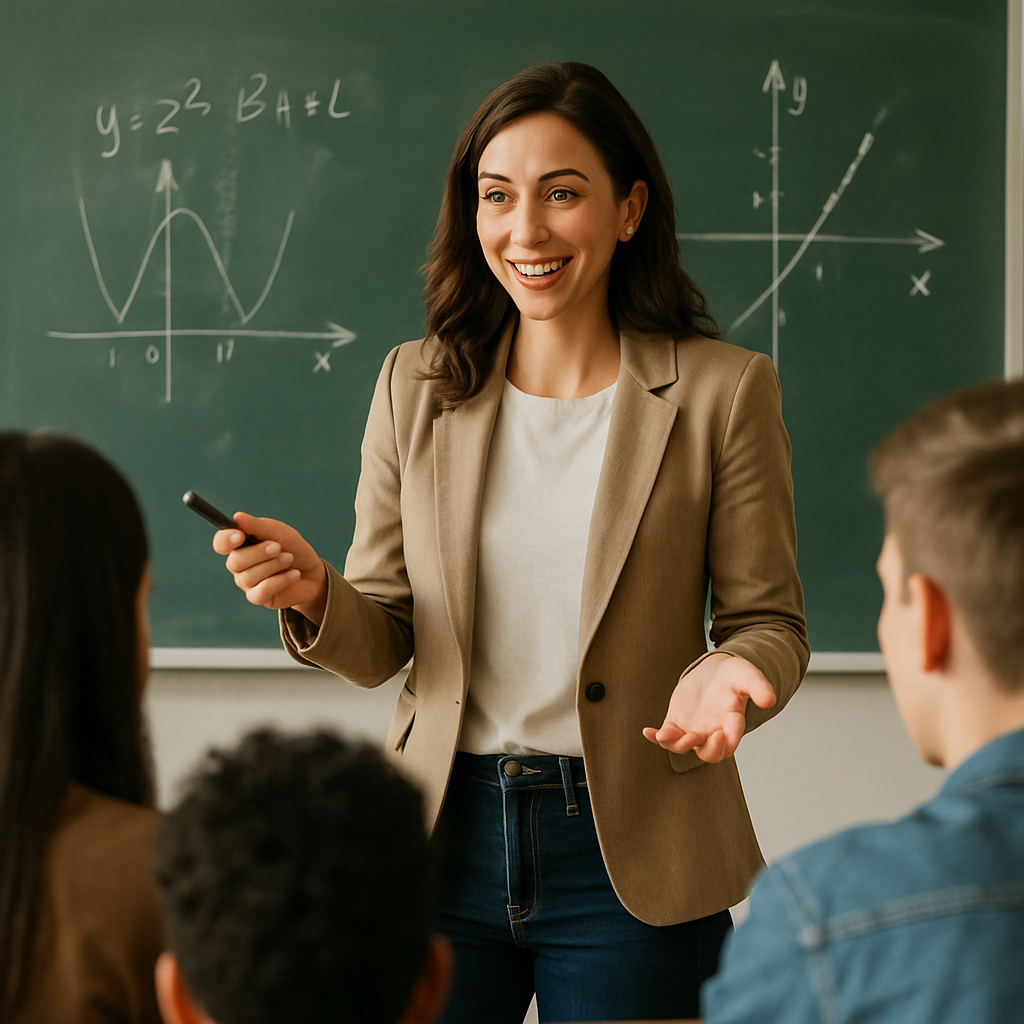 Professora sorrindo em sala de aula, de frente para os alunos, com um quadro de giz ao fundo. A imagem simboliza a valorização do trabalho docente