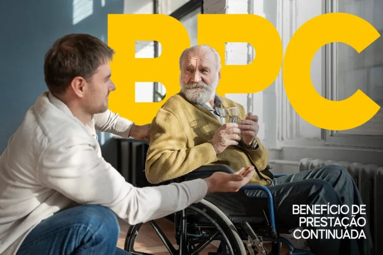 Idoso recebendo apoio de cuidador, representando o Benefício de Prestação Continuada (BPC) em 2025.