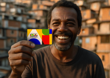 Homem de sorriso largo segurando o cartão do programa Bolsa Família, com favela ao fundo, representando a importância do benefício para famílias de baixa renda