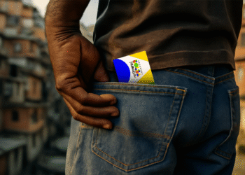 Carteira social do Bolsa Família sendo guardada no bolso traseiro de uma calça jeans, simbolizando a segurança e a posse do benefício.