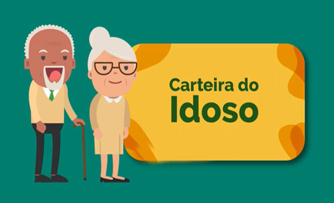 Ilustração de dois idosos ao lado de um cartão com a inscrição "Carteira do Idoso".