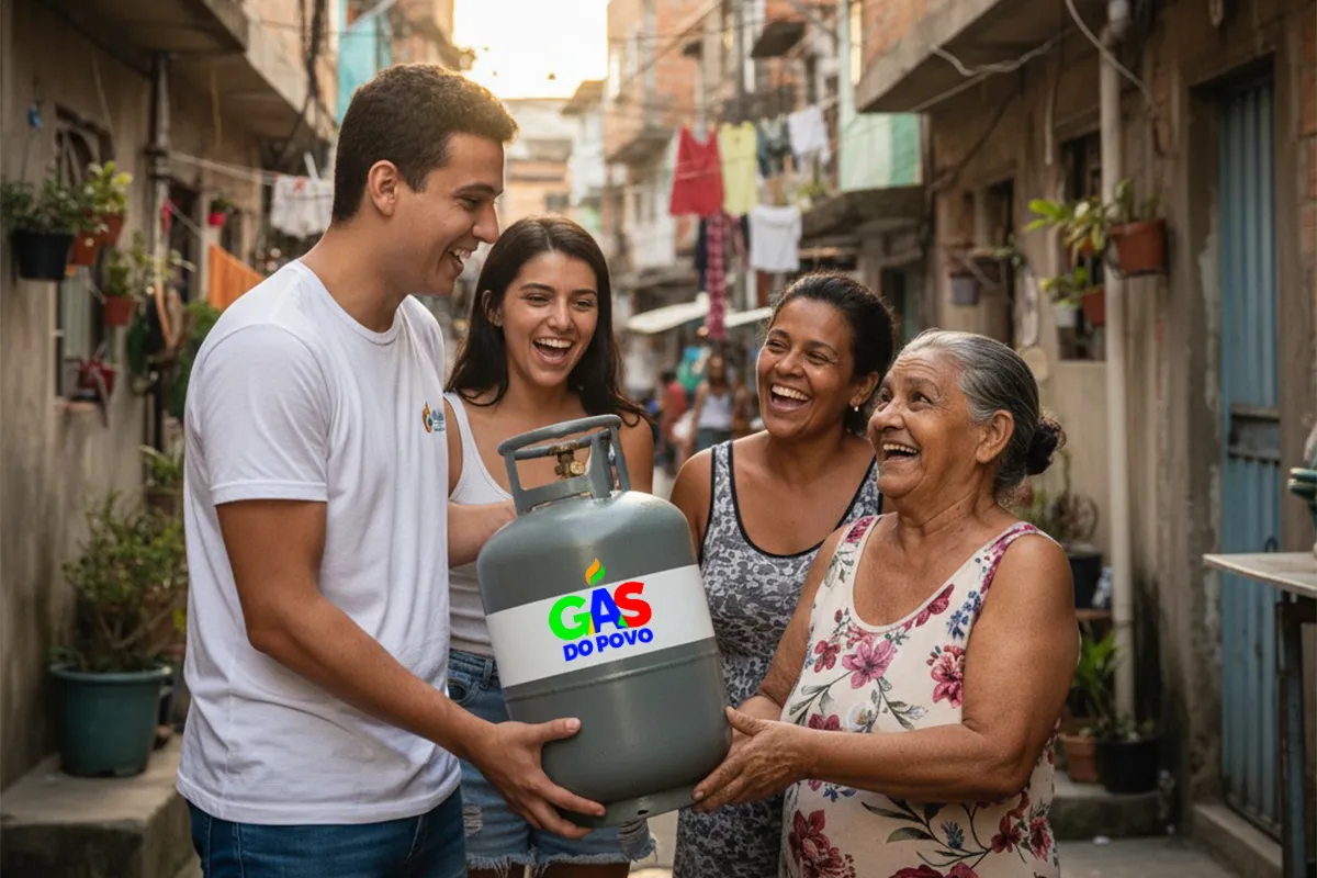 Família e um voluntário sorrindo, entregando um botijão de gás do programa social Gás do Povo.