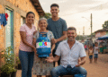 Família brasileira sorrindo com um botijão de gás, simbolizando a distribuição gratuita do Gás do Povo.