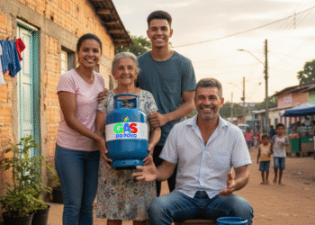 Família brasileira sorrindo com um botijão de gás, simbolizando a distribuição gratuita do Gás do Povo.