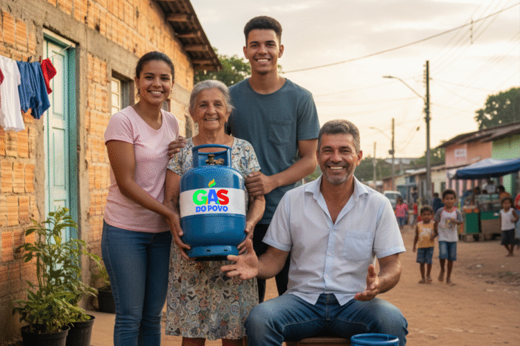 Família brasileira sorrindo com um botijão de gás, simbolizando a distribuição gratuita do Gás do Povo.