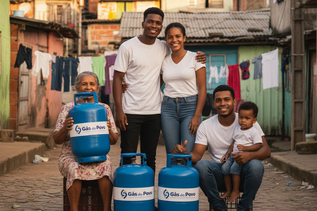 Família beneficiada pelo programa Gás do Povo posa com botijões recebidos