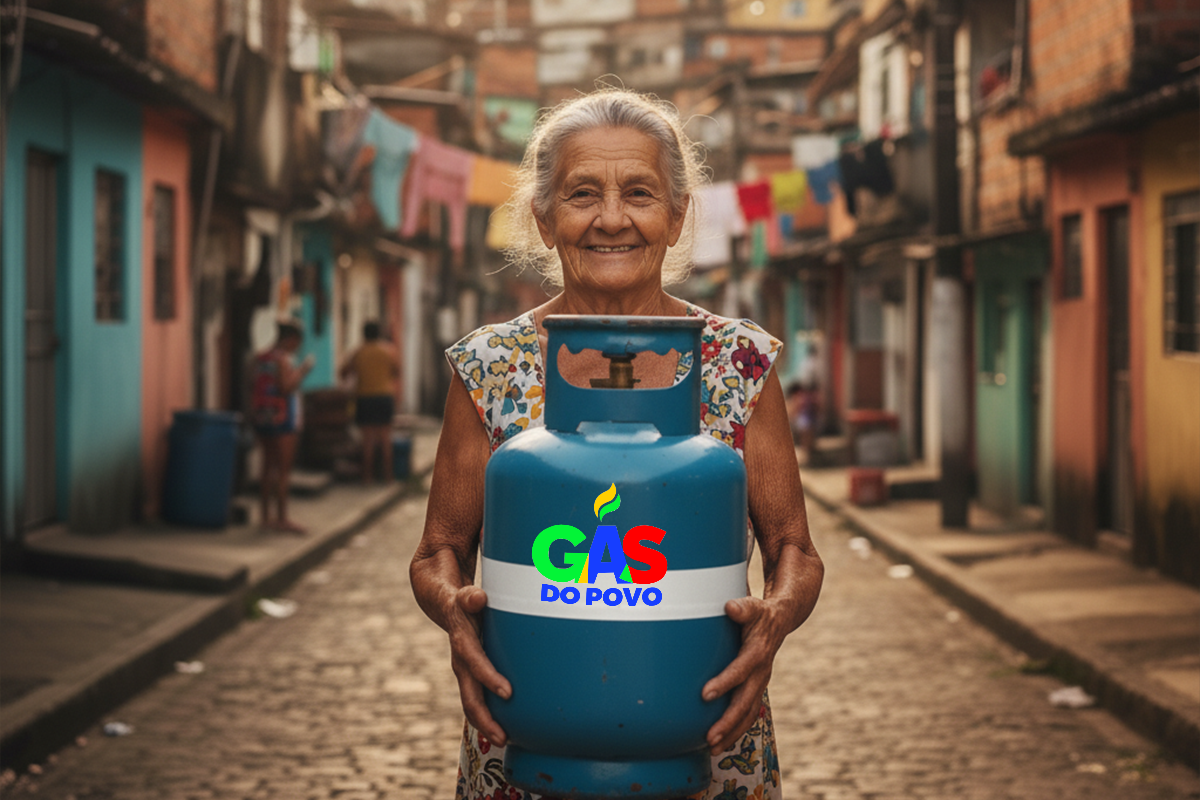 Mulher idosa sorrindo, segurando um botijão de gás com o logo do programa Gás do Povo em uma rua de comunidade, representando o acesso ao benefício.