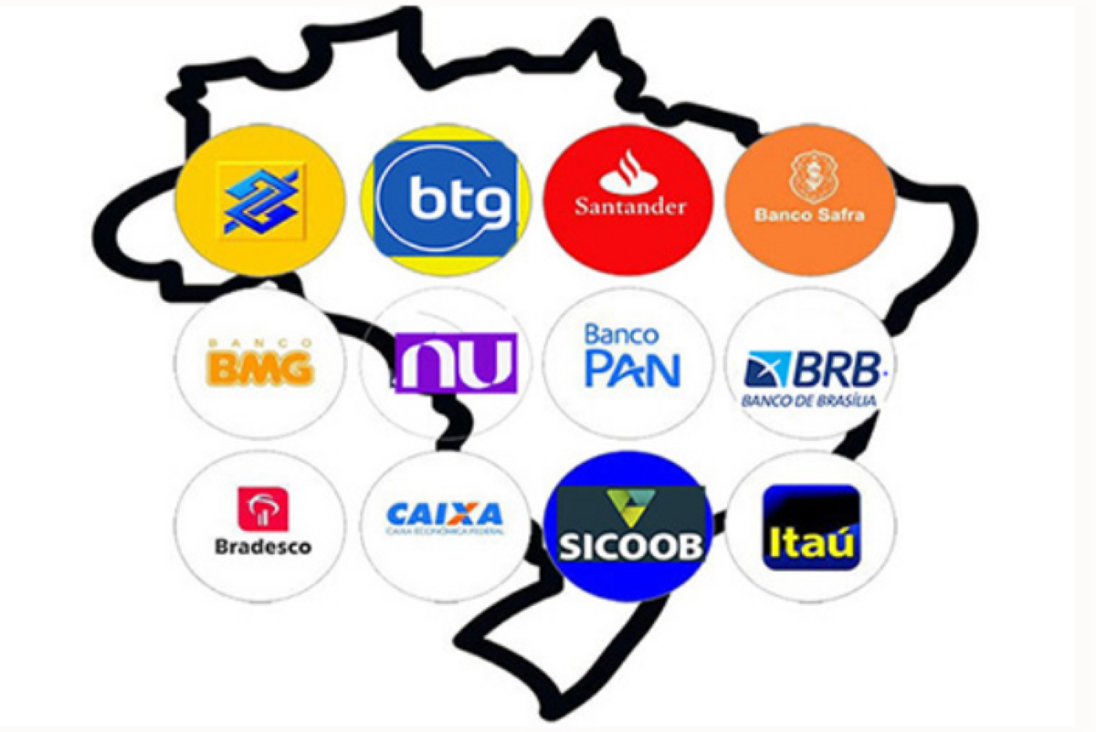 Bancos do Brasil com logotipos sobre mapa, tema sobre alertas de débitos automáticos