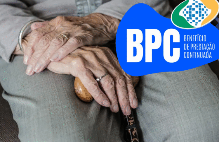 Idoso segurando um cajado com o texto "BPC Benefício de Prestação Continuada" ao lado.