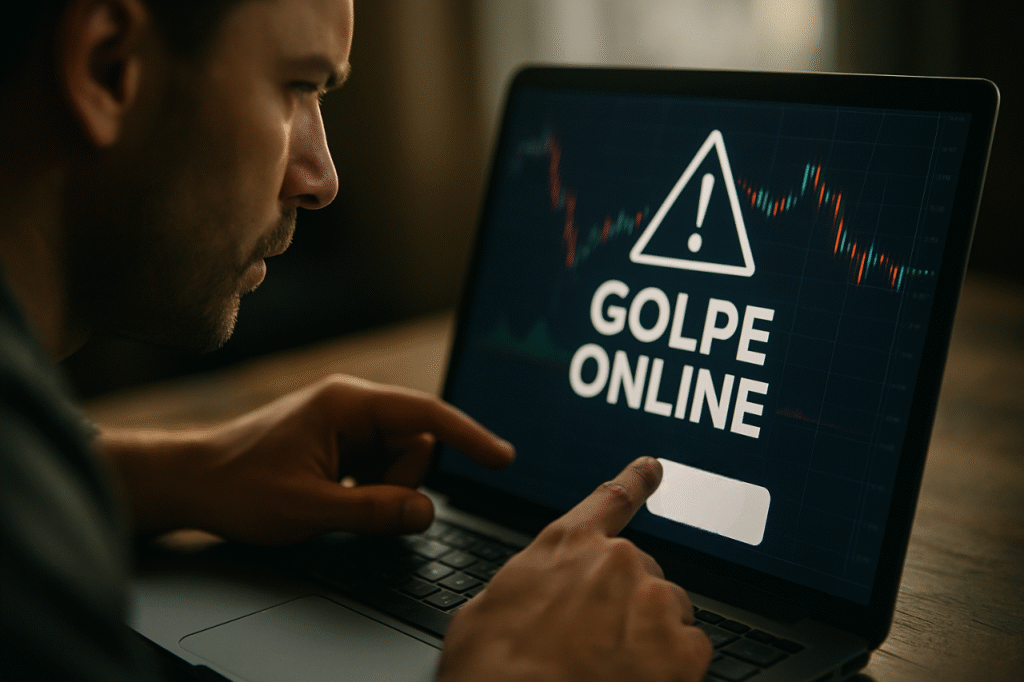 Um homem aponta para a tela do seu notebook, onde a mensagem 'GOLPE ONLINE' e um símbolo de alerta são exibidos.