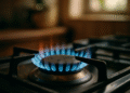 Chama azul de um fogão a gás acesa em um ambiente doméstico, simbolizando o uso seguro de energia limpa para cozinhar, representando o novo Gás do Povo.