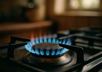 Chama azul de um fogão a gás acesa em um ambiente doméstico, simbolizando o uso seguro de energia limpa para cozinhar, representando o novo Gás do Povo.