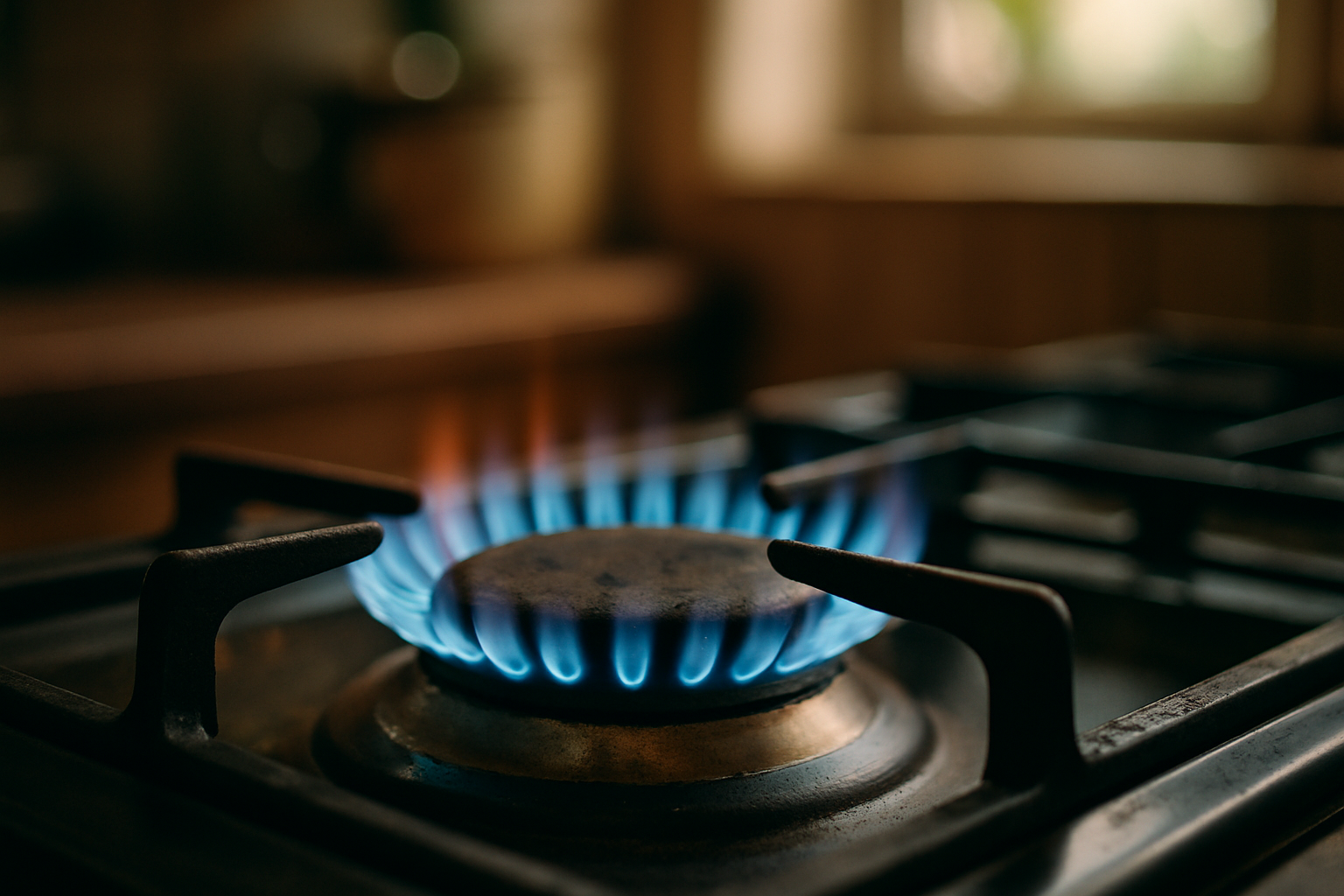 Chama azul vibrante acesa em um fogão a gás em uma cozinha, representando o acesso à energia e o uso do botijão de gás.