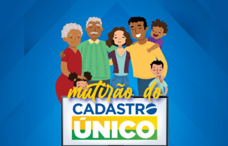 Ilustração de uma família feliz com texto "Mutirão do Cadastro Único" ao fundo azul.
