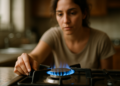 Mulher em uma cozinha acendendo o fogo de um fogão a gás, com a chama azul visível. A imagem reflete a utilização de energia segura em casa, dada através do benéfico Gás do Povo.