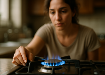 Mulher em uma cozinha acendendo o fogo de um fogão a gás, com a chama azul visível. A imagem reflete a utilização de energia segura em casa, dada através do benéfico Gás do Povo.