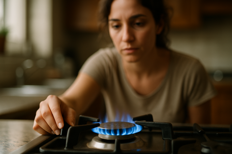 Mulher em uma cozinha acendendo o fogo de um fogão a gás, com a chama azul visível. A imagem reflete a utilização de energia segura em casa, dada através do benéfico Gás do Povo.