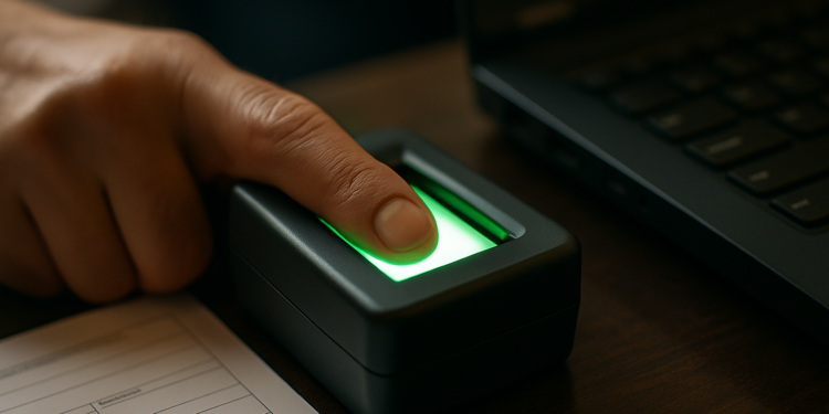 Mão posicionando o dedo indicador em um leitor de biometria para o INSS, verde brilhante ao lado de um notebook.