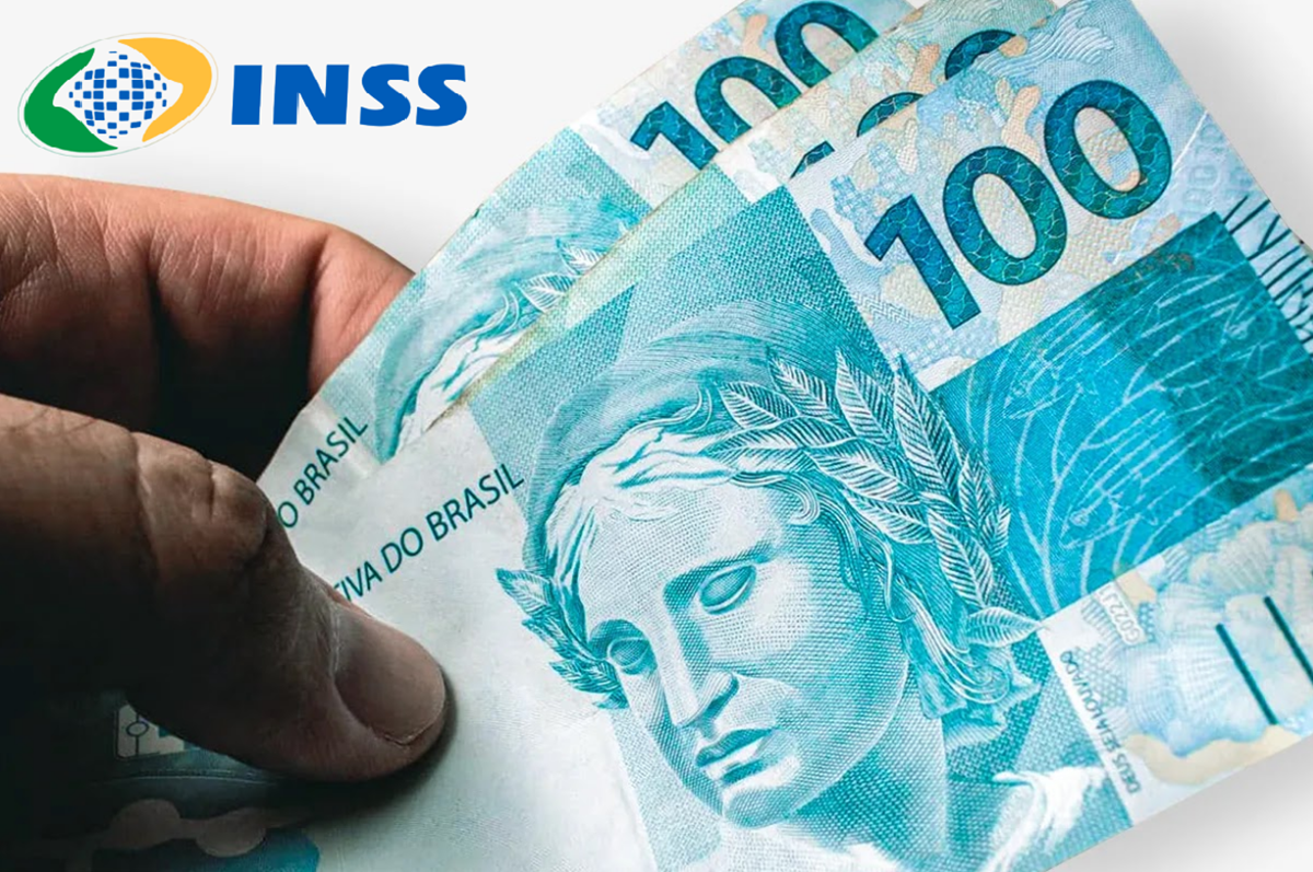 Logo INSS sobre notas de 100 reais sendo contadas