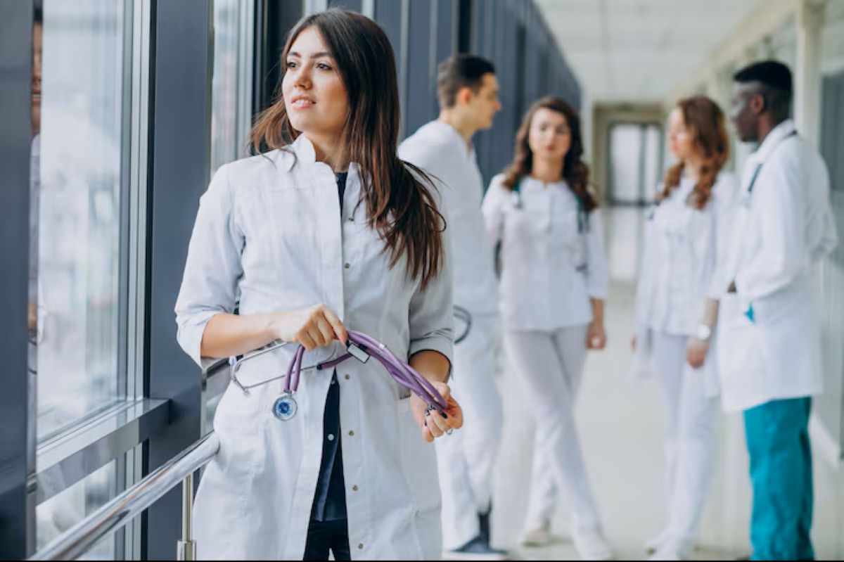 Jovem médica de jaleco branco com um estetoscópio, olhando pela janela, com outros profissionais da saúde ao fundo em um ambiente hospitalar.