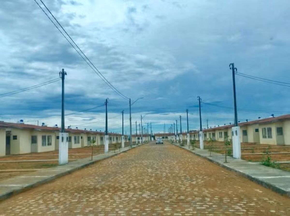 Rua pavimentada entre casas do programa Minha Casa Minha Vida em área residencial.