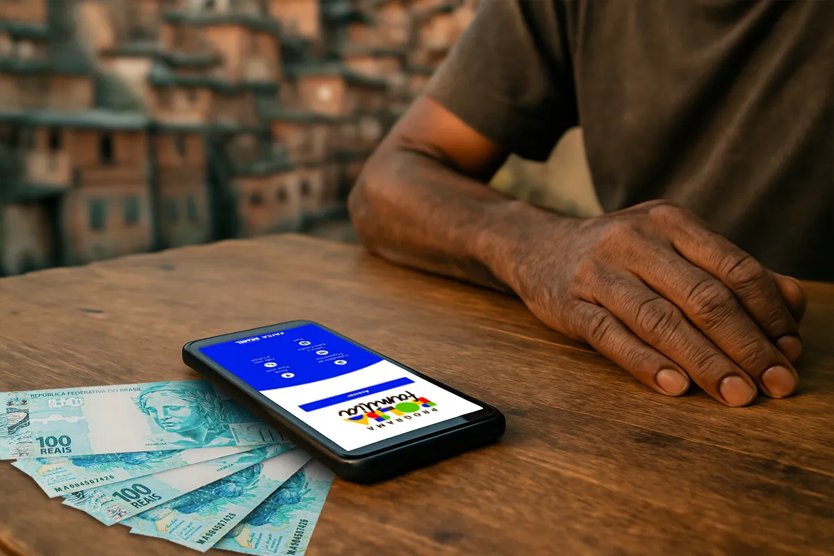 Pessoa consultando aplicativo do Bolsa Família no celular, com notas de R$100 e fundo de comunidade.
