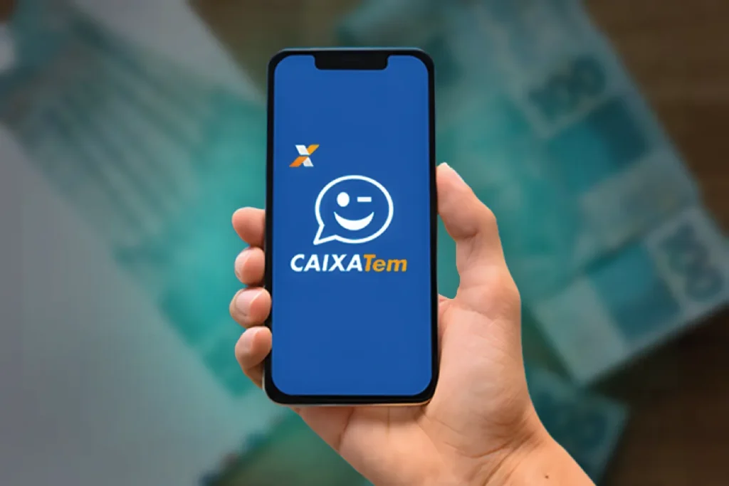 Pessoa segurando smartphone com o logo do CAIXA Tem na tela, com notas de dinheiro ao fundo.