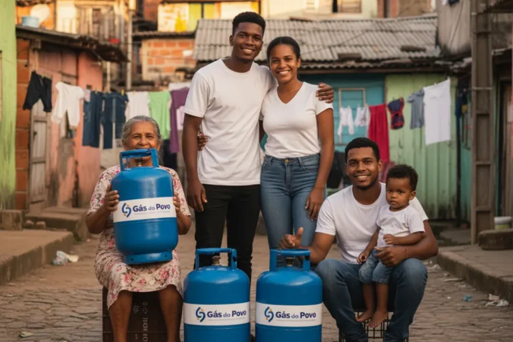 Família brasileira feliz com o "Gás do Povo", ilustrando o sucesso do programa social.