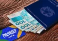 Dinheiro (cédulas de R$ 100), carteira de trabalho e cartão PIS/PASEP da Caixa, representando o saque do Abono Salarial para quem trabalhou em 2023.