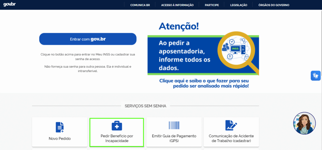 Página do Meu INSS com opção para pedir benefício por incapacidade, destacando os serviços disponíveis para os segurados.