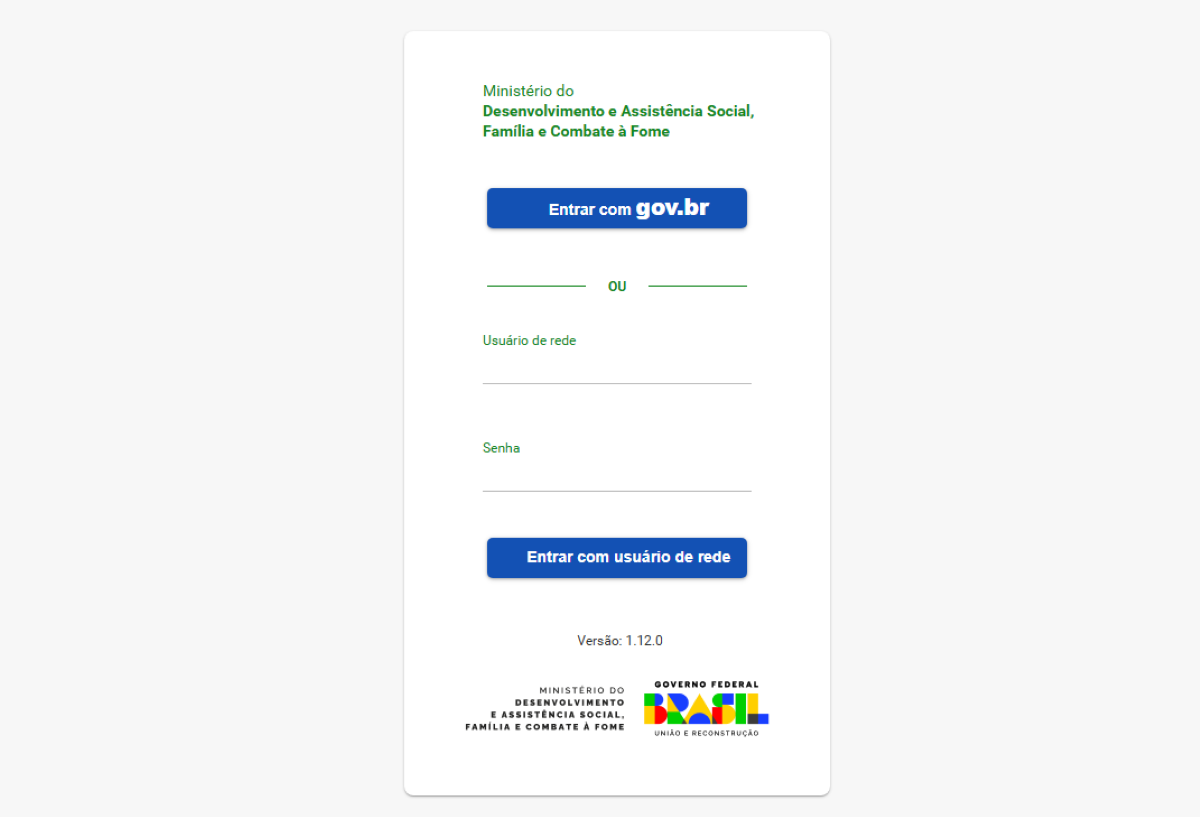 Tela de login do portal gov.br para acesso ao sistema do Ministério do Desenvolvimento e Assistência Social, utilizado na consulta e regularização do Auxílio Emergencial.