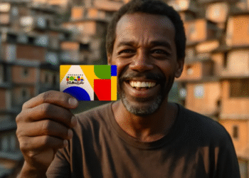 Homem sorridente segurando cartão do Programa Bolsa Família