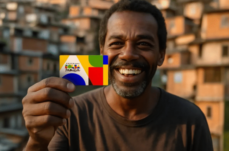 Homem sorridente segurando cartão do Programa Bolsa Família