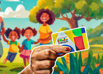 Mão segurando cartão do Bolsa Família com ilustração de uma família sorridente ao fundo