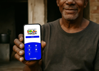 Homem segura celular com o aplicativo do Bolsa Família aberto na tela.