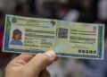 Uma mão segura a Nova Carteira de Identidade Nacional (CIN) verde e amarela com dados genéricos e um QR Code visível. Documento usado para ilustrar o mutirão do SAC para crianças e adolescentes.