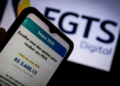 Celular exibindo saldo do FGTS e opção de saque, com logotipo do FGTS Digital ao fundo.