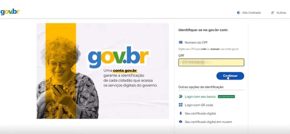 Tela de login do portal Gov.br com campo para CPF, ilustrando o acesso para verificar acordos do programa Desenrola Brasil.