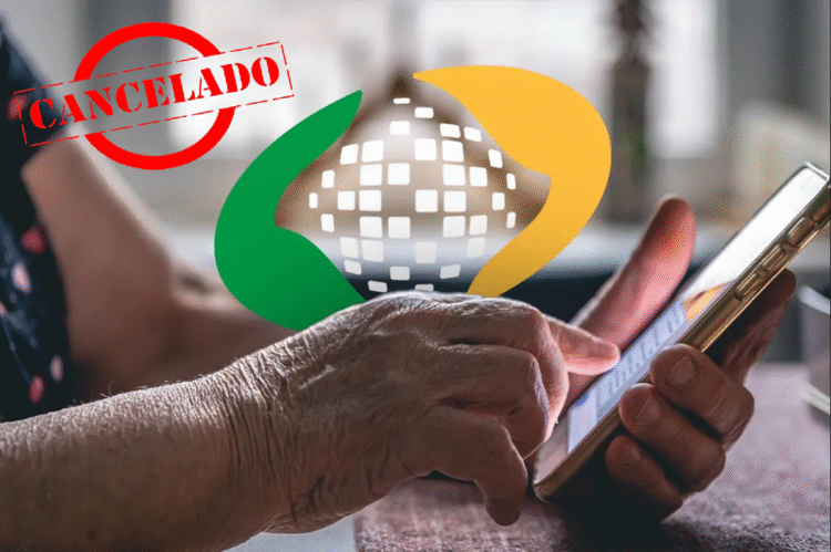 Pessoa idosa usando celular com o logotipo do INSS e selo de cancelado.