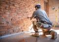 Trabalhador na construção civil perfurando uma parede de tijolos com furadeira, usando capacete e equipamentos de segurança