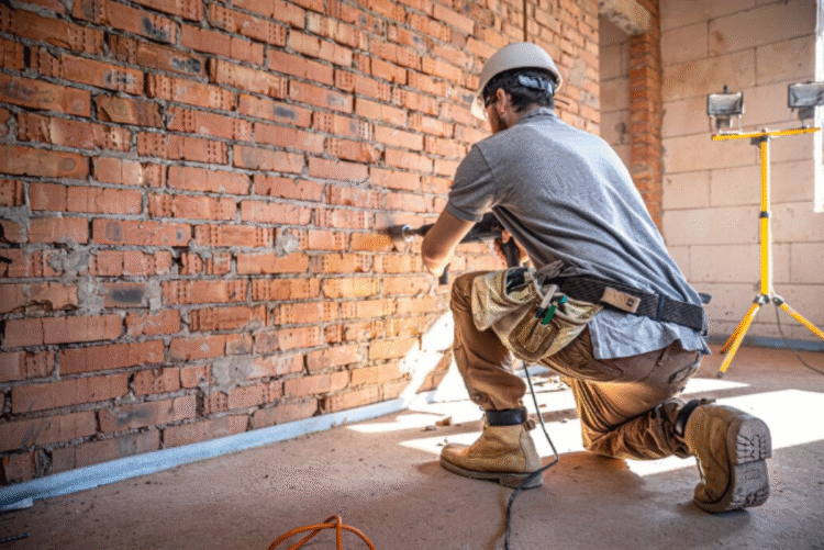 Trabalhador na construção civil perfurando uma parede de tijolos com furadeira, usando capacete e equipamentos de segurança