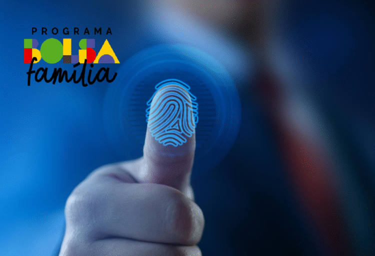 Imagem de um dedo sendo escaneado para biometria, com o logo do programa Bolsa Família no canto superior esquerdo.